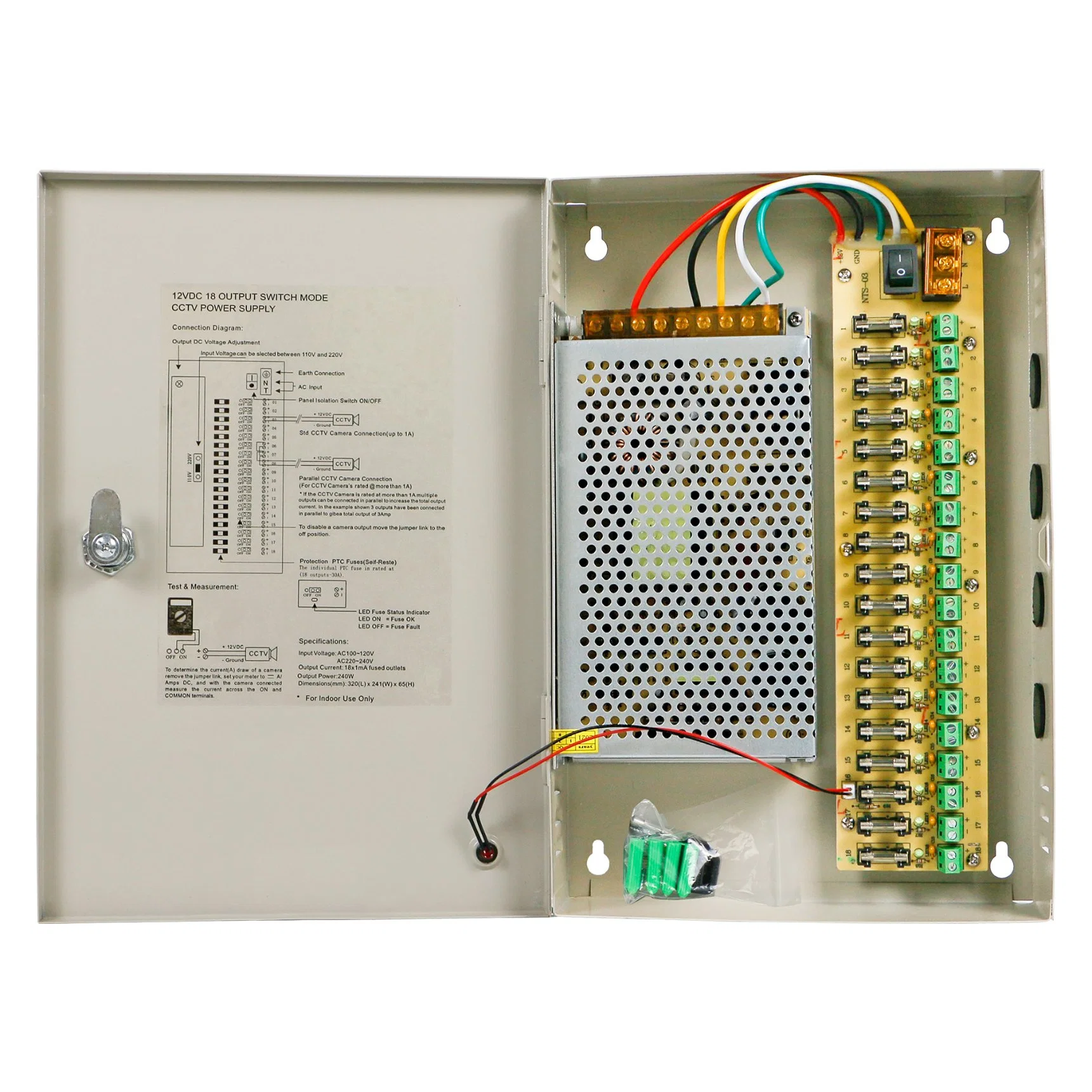 AC 110V / 220V to DC 12V 20A 18 Fused Outputs CCTV Switching Power Supply for Security CCTV Camera and LED Strip