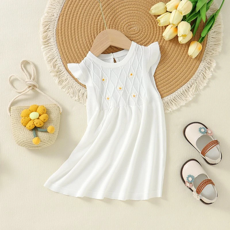 Summer O-Neck Breathable Casual Dress Solid Color White Baby Girl Dress Children Clothes