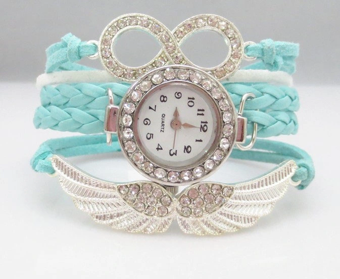 Perles de cuir tressé Fashion tissés sangles mince ange de l'Escadre montre-bracelet Bracelet à breloque pour les femmes de l'adolescence Mesdames montres bracelet en cuir de quartz d'aile ESG11105