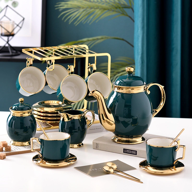 Luxury European Style Bone China 6PCS Cup and Saucer Tea Set Dark Green Coffee Sets Tea Cups Sets