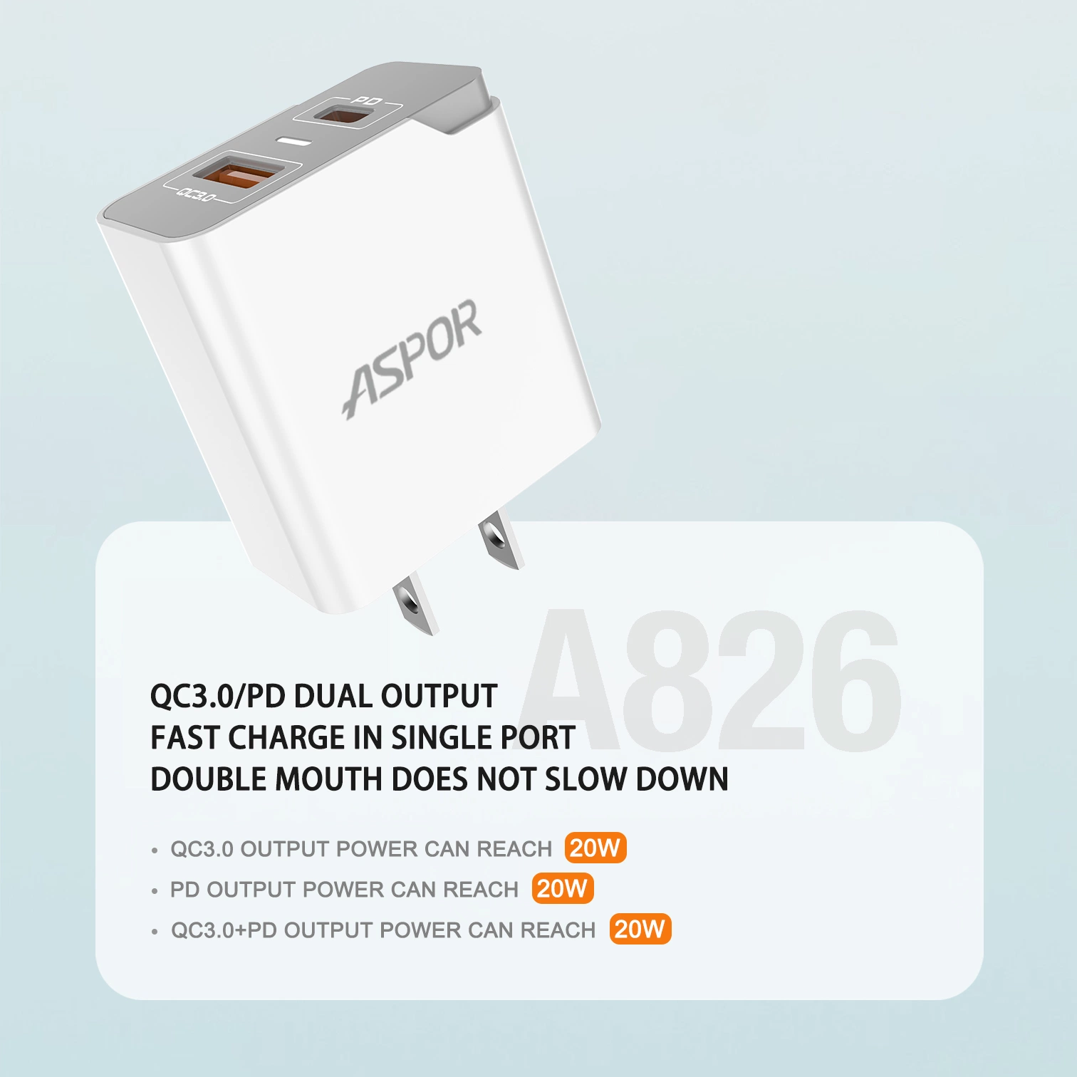 2022 Nuevo cargador de Aspor A826 20W PD+ QC Fast Speed Cargador de teléfono EU/US/UK PIN con tipo C- tipo C / Cable IPX / PD