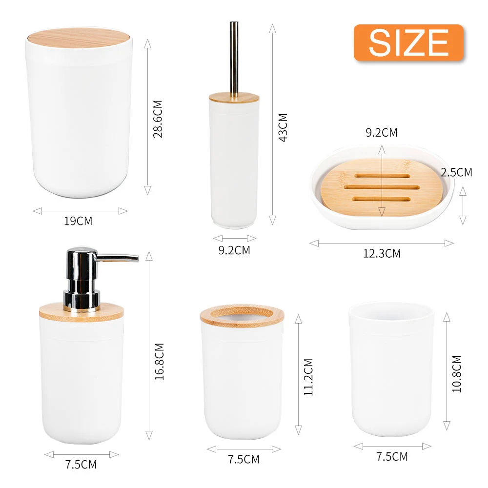 Ensemble de salle de bain moderne de luxe américain comprenant 6 accessoires en plastique avec couvercle en bambou.