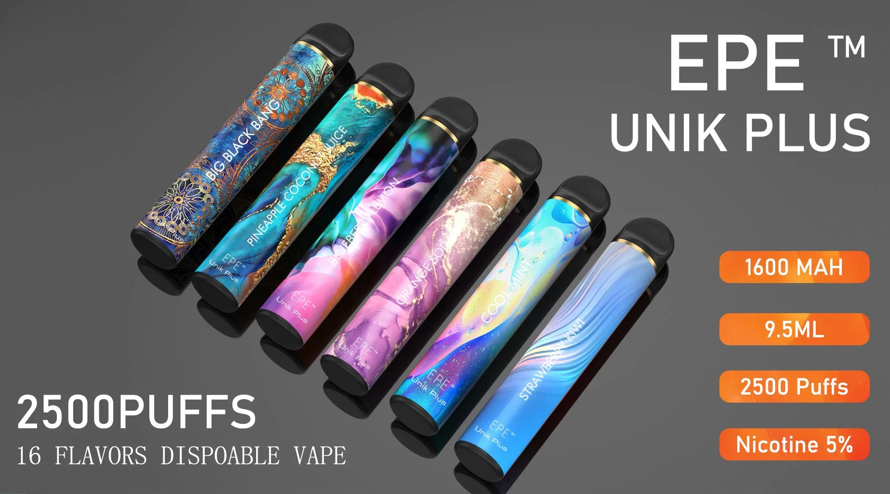 Muestra gratuita E-Cig Vape 2500bocanadas 0%2%5% EPE Unik Plus personalizado desechables Vape