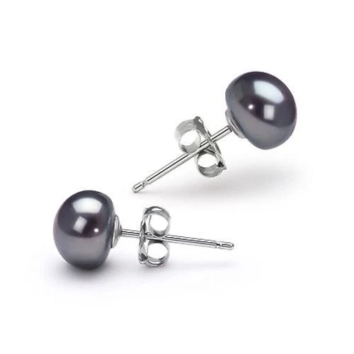 925 Sterling Silver & Black Button Freshwater Pearl Ear Studs Earrings Jewelry