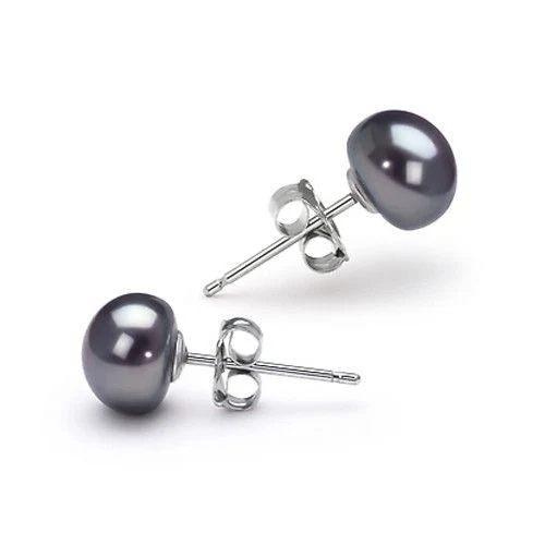 925 Sterling Silver &amp; Black botón Freshwater Pearl orejeras Pendientes Joyería