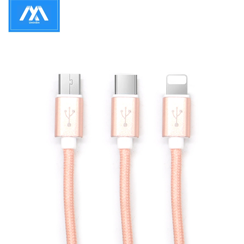 Wholesale/Supplier Nylon Braided Three in One Cable 3 in 1 Multi-Function 2V Fast Charing USB Charging Sync Data Cable for Micro Type-C Lightning USB