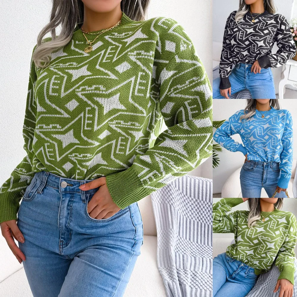 Ins vent Real Shot 2023 l'automne et hiver en Europe et l'Amérique le contraste des couleurs d'étoiles à manches longues pullover en tricot occasionnel d'usure de la femme