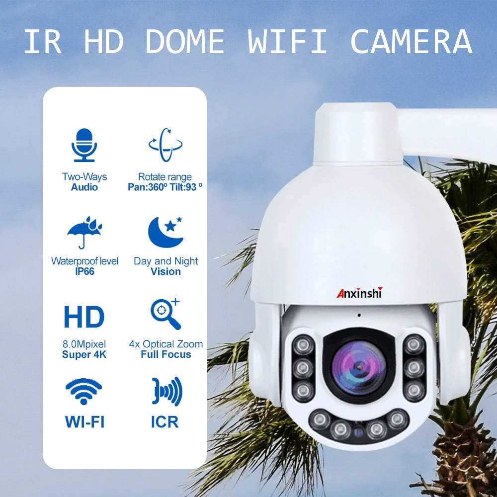 Dual System Backup 8MP Resolution 360 Degree Continues Rotation 4X Optical Zoom IP66 Waterproof Outdoor/Indoor Security System HD Dome PTZ Wireless Camera