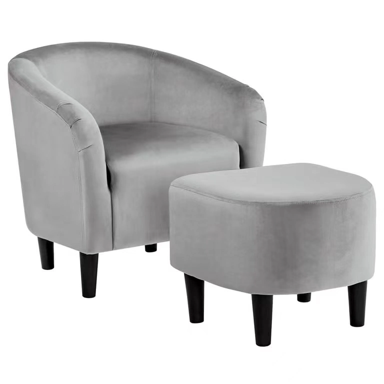Easyfashion Velvet Club Modern Single Sofa Leisure Chair Stool Wooden Accent Chair and Ottoman Set
