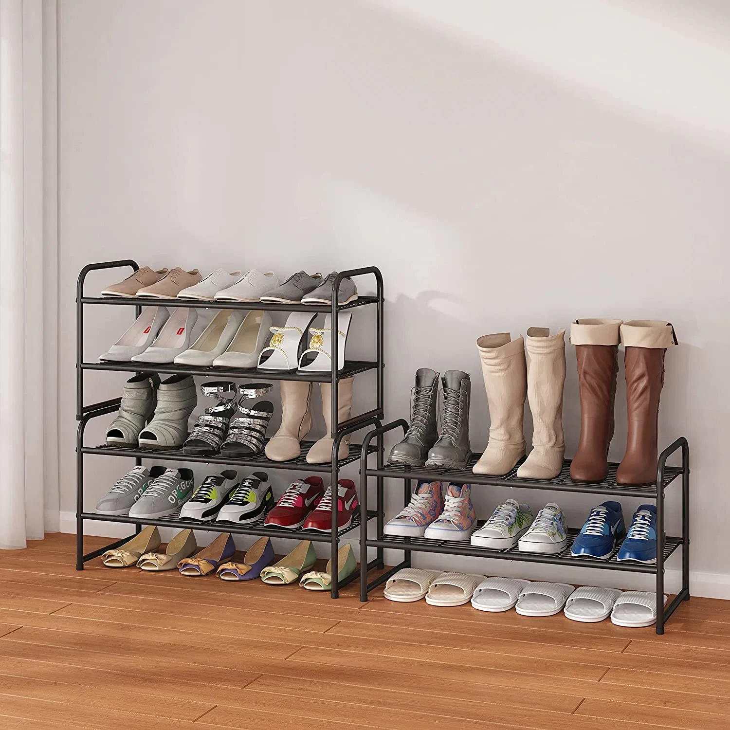 Simple Trending 2-Tier Stackable Shoe Rack, Metal Shoe Shelf Storage Organizer, Black Metal Shoe Rack