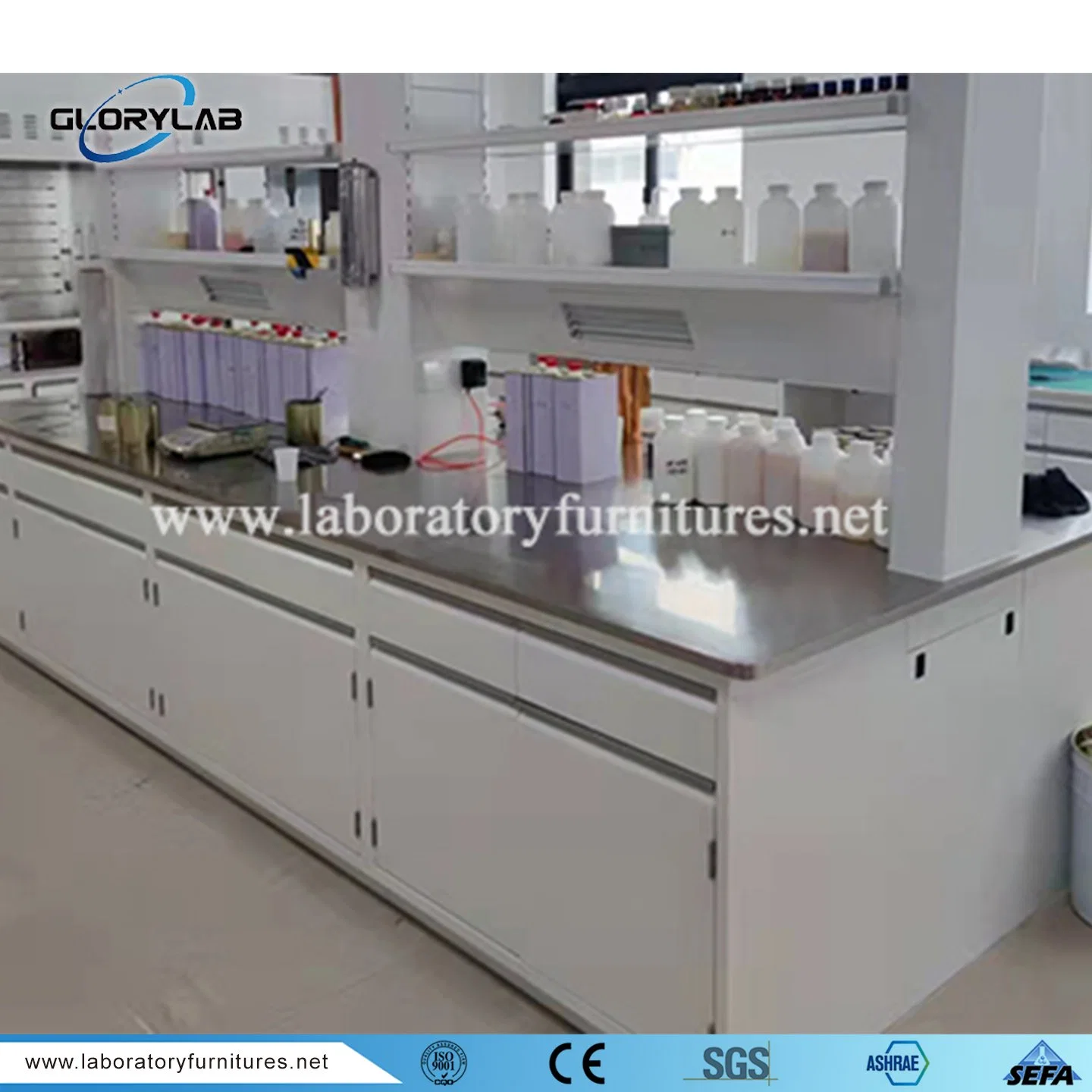 Newest Hospital Science Laboratory Furniture Wall Side Bench with Storage Cabinet and Drawers Jh-SL146
