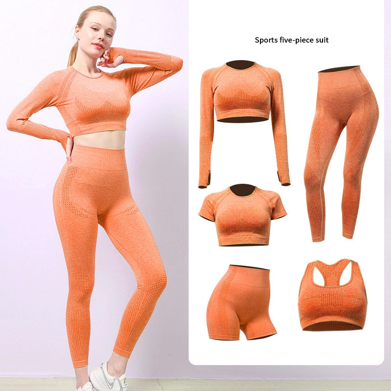 5 PCS Womens Gym Fitness Athletic Workout Yoga Wear for Ladies, Afforable Activewear Seamless Sports Bra + Crop Top + Shorts + Leggings Plus Size Sweatsuits Set