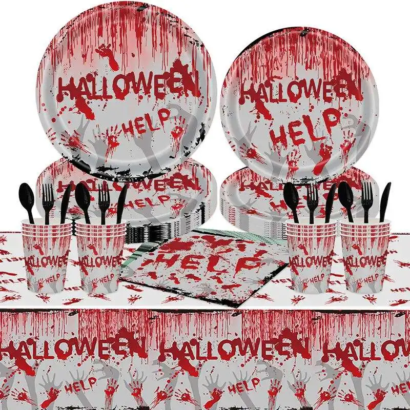 Vaisselle jetable Ensemble de gobelet en papier main sanglante Assiette Décoration de fête d'Halloween Fournitures