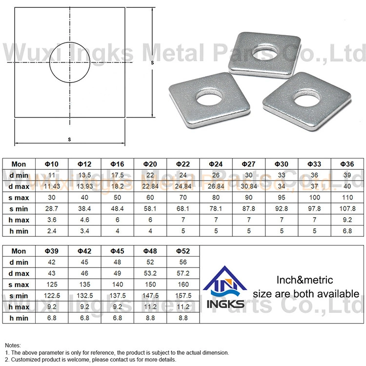 DIN436 SS304 316 Custom 12mm Round Hole Square Plate Washer