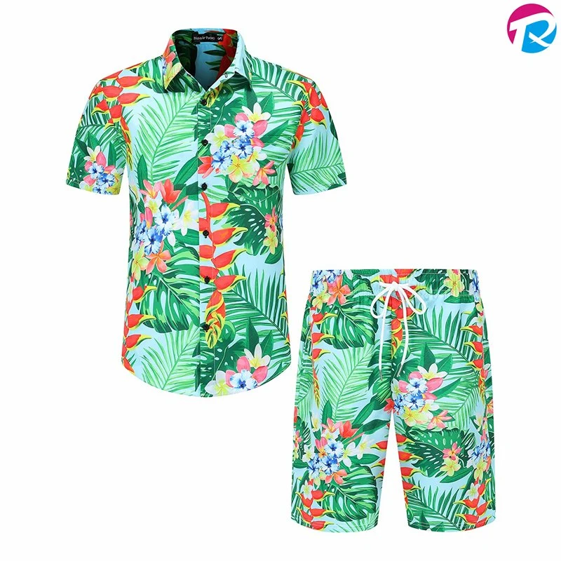 Custom Men Summer Hawaii Printed Shirts Hawaiian Beach Wear Matching Shirts and Pants Set