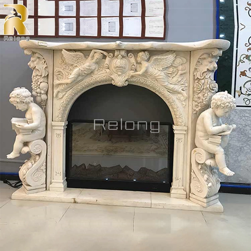 Home Decoration Natural Luxury Freestanding Stone Marble Fireplace with Baby Statue Home Indoor Decor