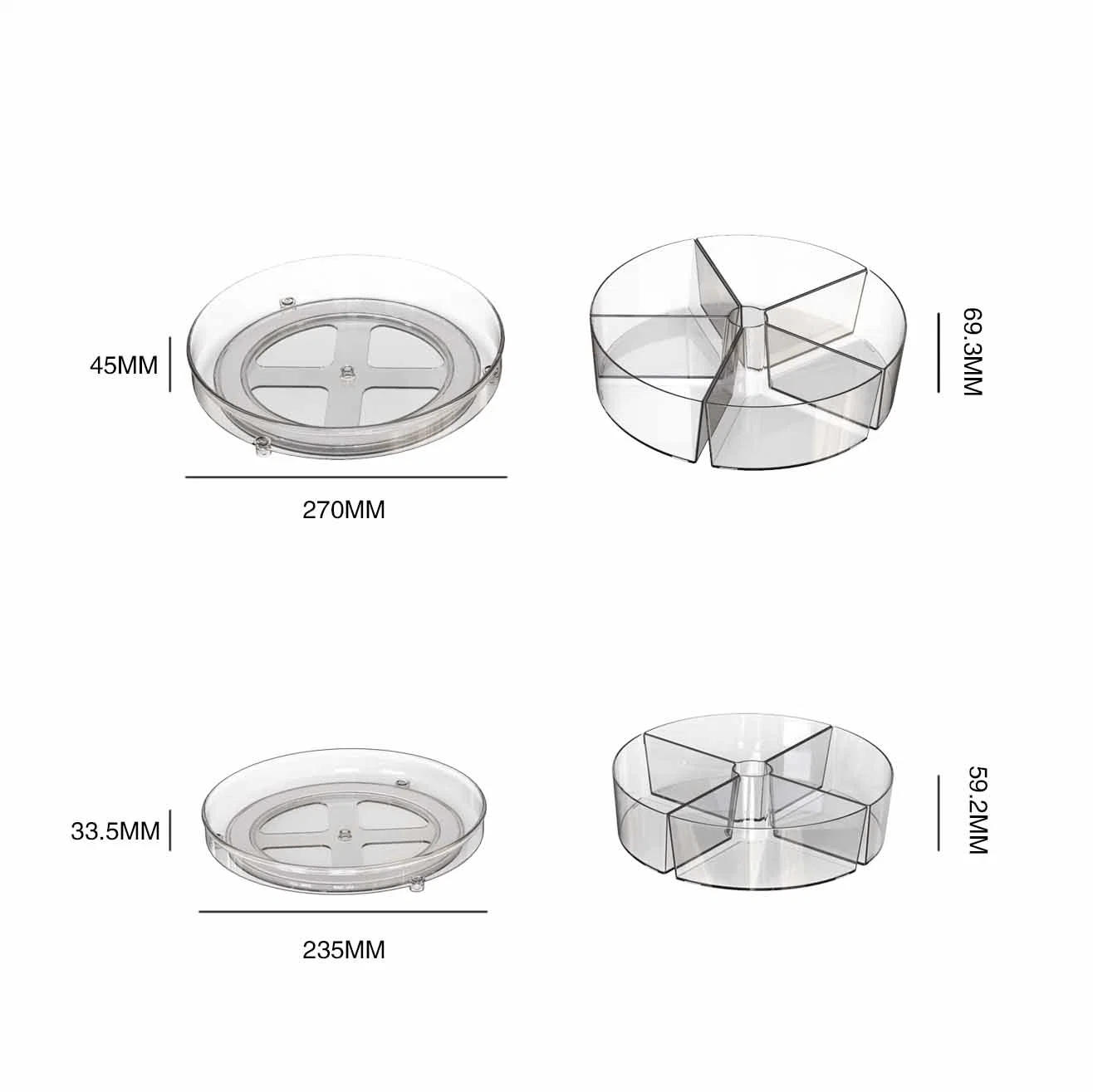 4 kleine Boxen mit 27cm transparenten Drehlagerbändern