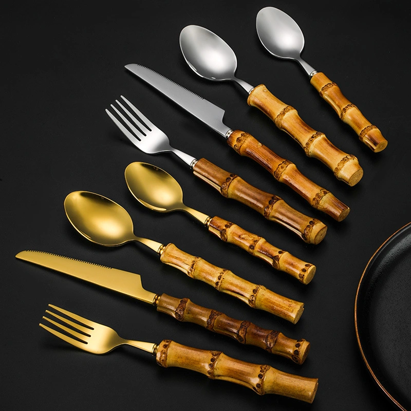 Wholesale Eco Friendly Spoons and Fork Stainless Silverware Flatware 304 Stainless Steel Bamboo Cutlery