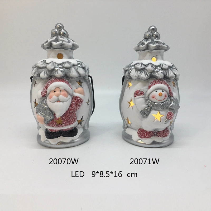 Handling Ceramic Santa&Snowman Assortment Storm Lantern, LED Night Light Lamp for Christmas Decoration