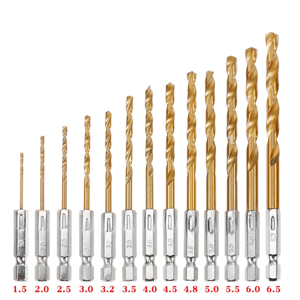 13PCS HSS Titanium-Plated Twist Drill Bits Set 1.5-6.5mm Hexagonal Shank Drill Bits