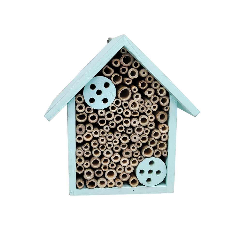 Custom Color Soild Wood House Shape Blue Wooden Insect Hotel with Bamboo Tubes