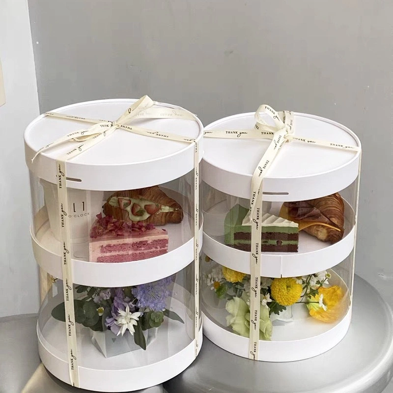 Round Birthday Cake Box Single/Double Layer Clear Cupcake Packaging Box Flower Dessert Gift Box