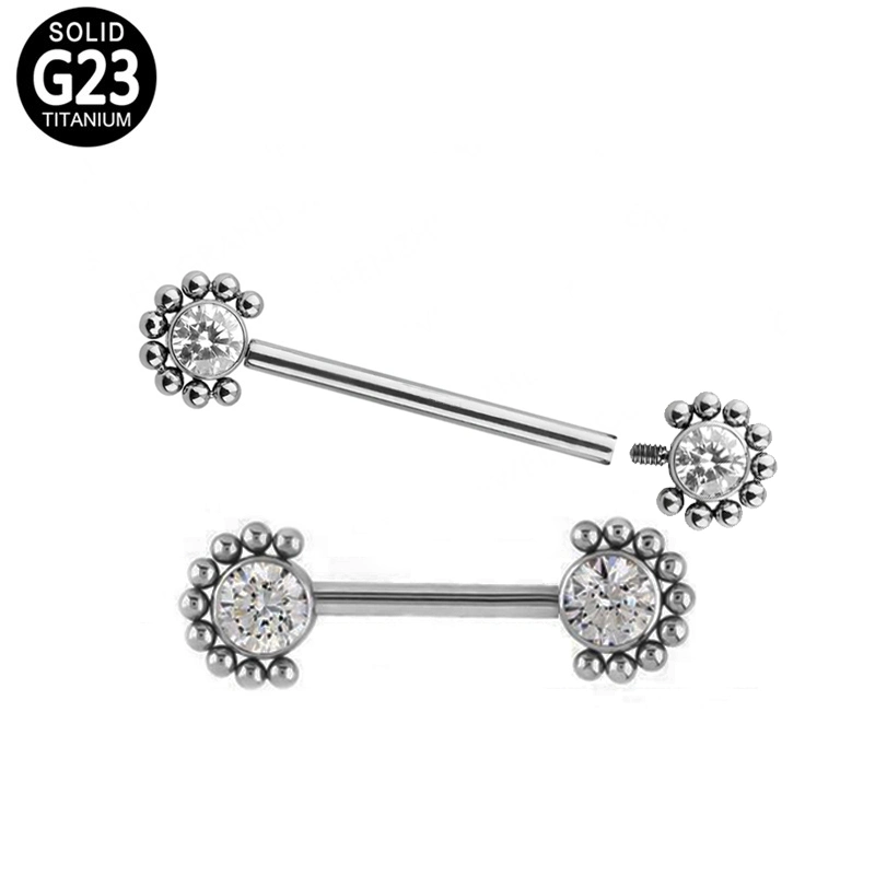 High quality/High cost performance ASTM F136 Titanium Flower with Center CZ and Surrounding Ball Cluster Nipple Ring Barbells Eyebrow Piercing Jewelry