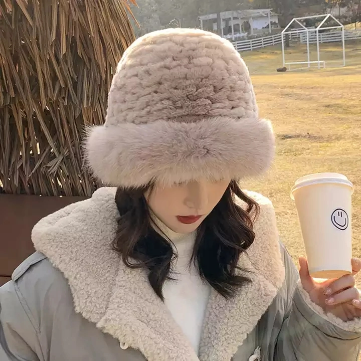 High quality/High cost performance  Knitted Fox Fur Winter Hats Real Rabbit Fur Bucket Hat for Women