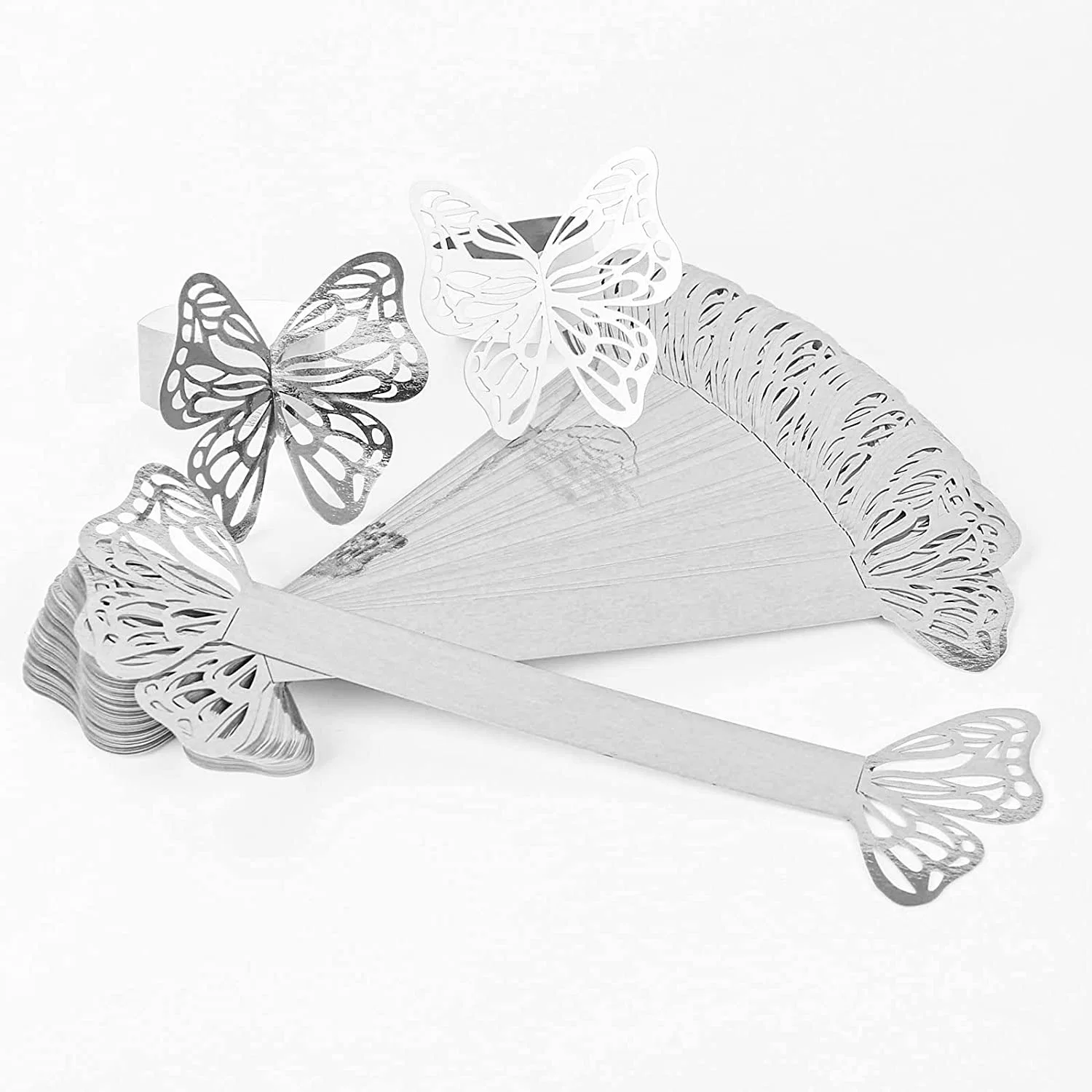 100PCS Silver Butterfly Napkin Rings Set of 3D Laser Cut Plastic Napkin Ring Buckles Holder Table Decoration for Wedding, Party, Christmas, Thanksgiving