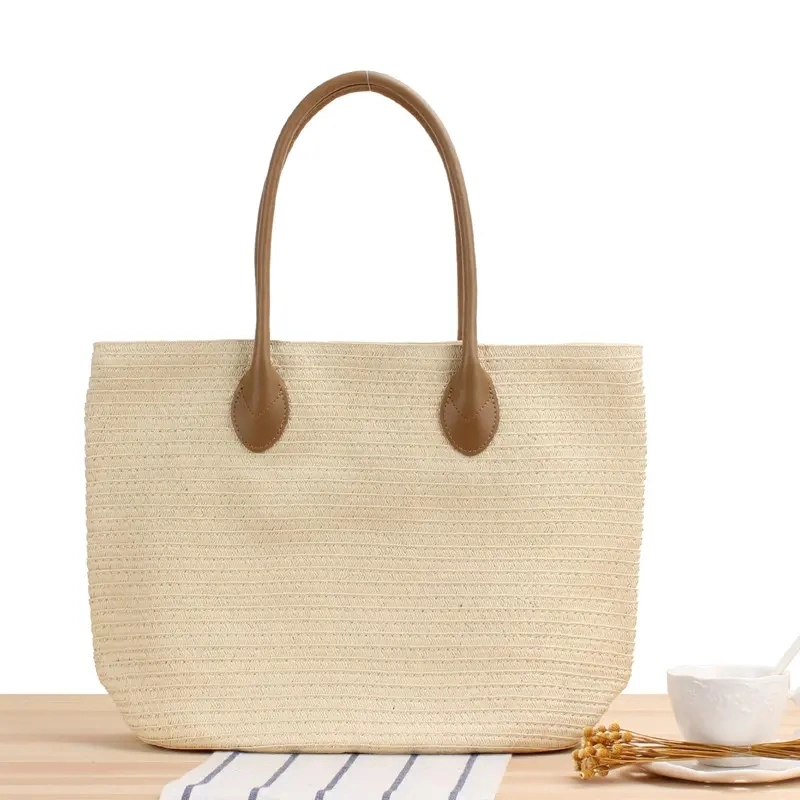 Classic Straw Summer Beach Shoulder Bag Handbag Tote with PU Leather Straps Handmade Purse