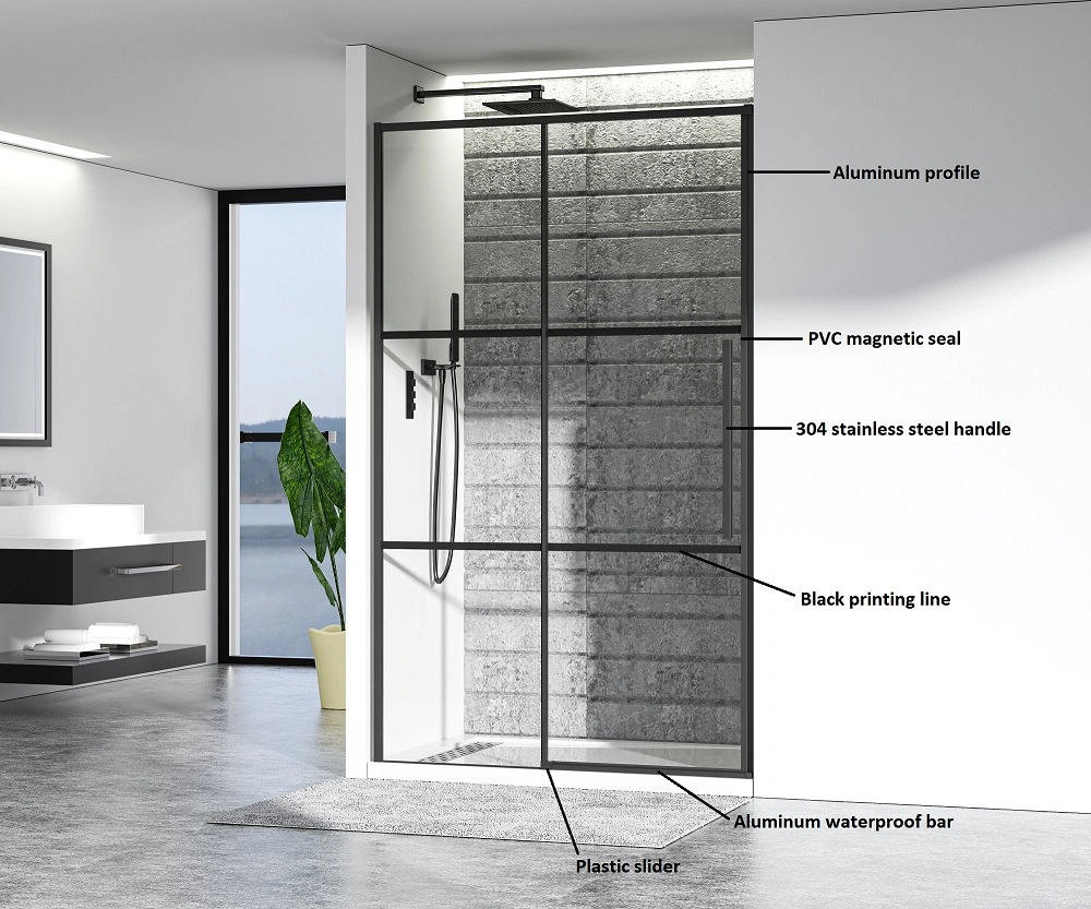 Porte de douche coulissantes frontale entre des murs de verre noir ligne salle de bains Articles sanitaires 1200x1950mm