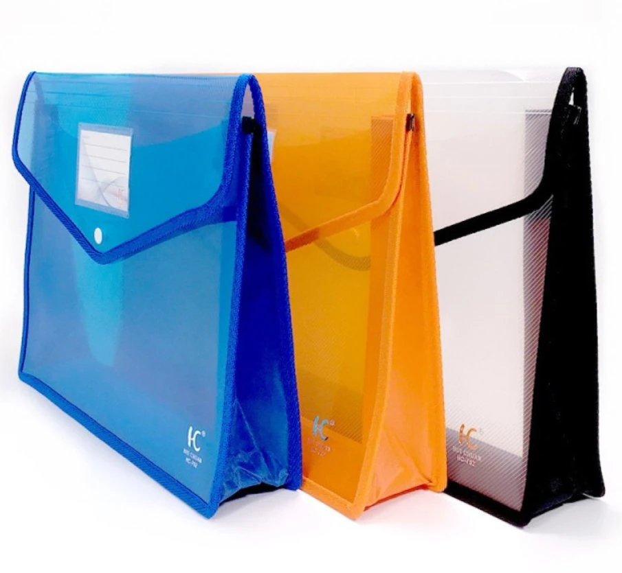 Portable Stationery Transparent A4 Plastic Waterproof File Folder Bag with Button