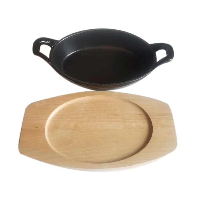 Oval Cast Iron Mini Sizzler Sizzling Pan Sizzler Serving Pan with Wooden Base Stand Tray Supplier From China