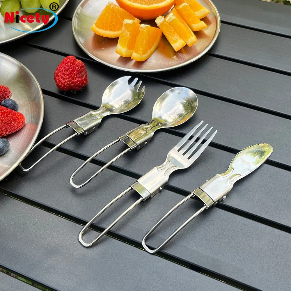 Korean Foldable Stainless Steel Portable Camping Travel Cutlery Set Fork and Spoon for School Kids Students