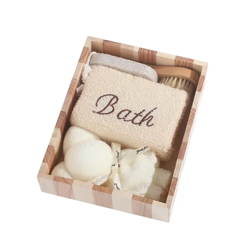 Natural Wood Bath Body Care Gift SPA Kit Facial Brush Konjac Sponge Foot Nail Sisal Bath Glove Belt Set Shower Scrubber Brush