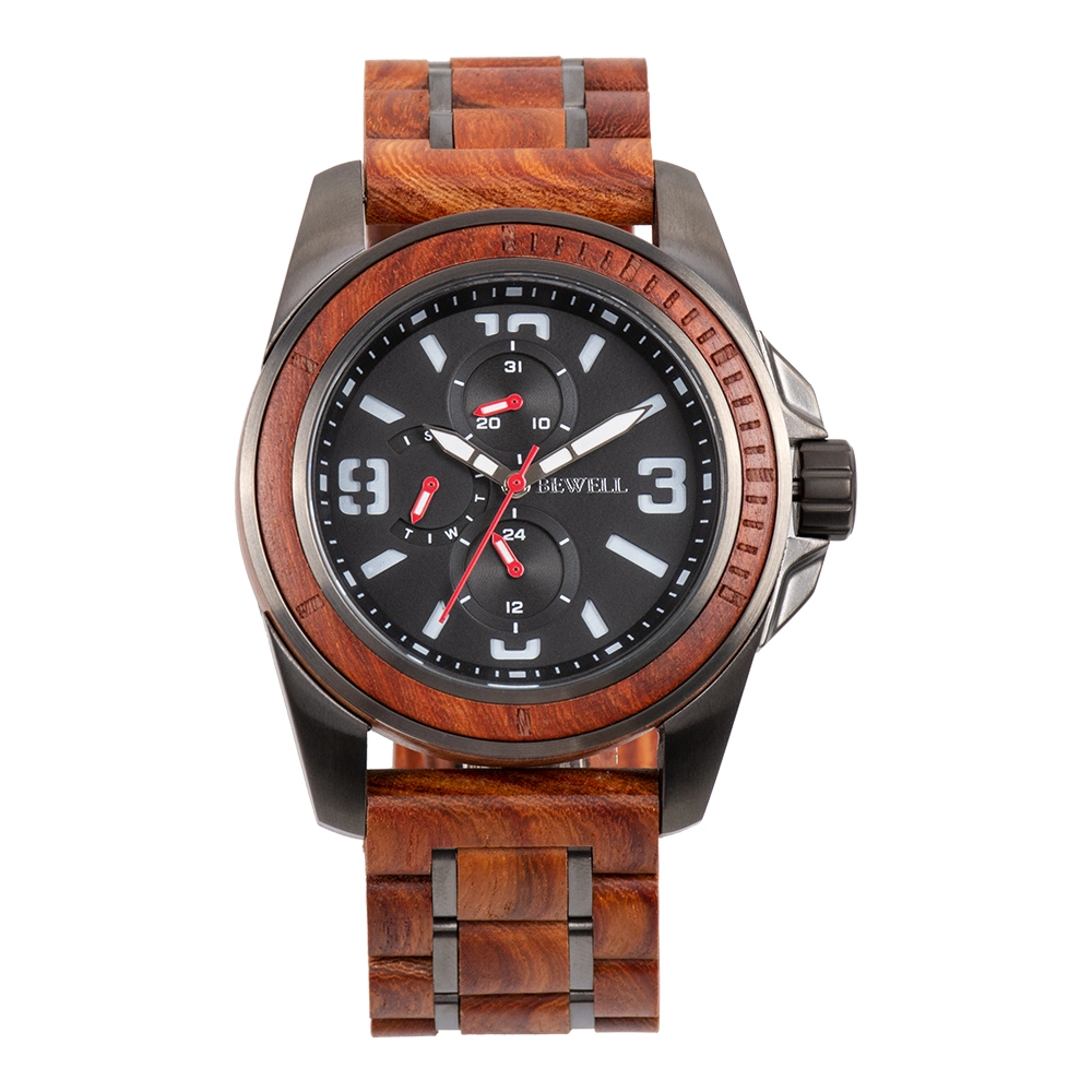 Bewell New Arrival Luxury Stainless Steel with Wood Case and Strap 3ATM Water Resistant Men Wood Chronograph Watch