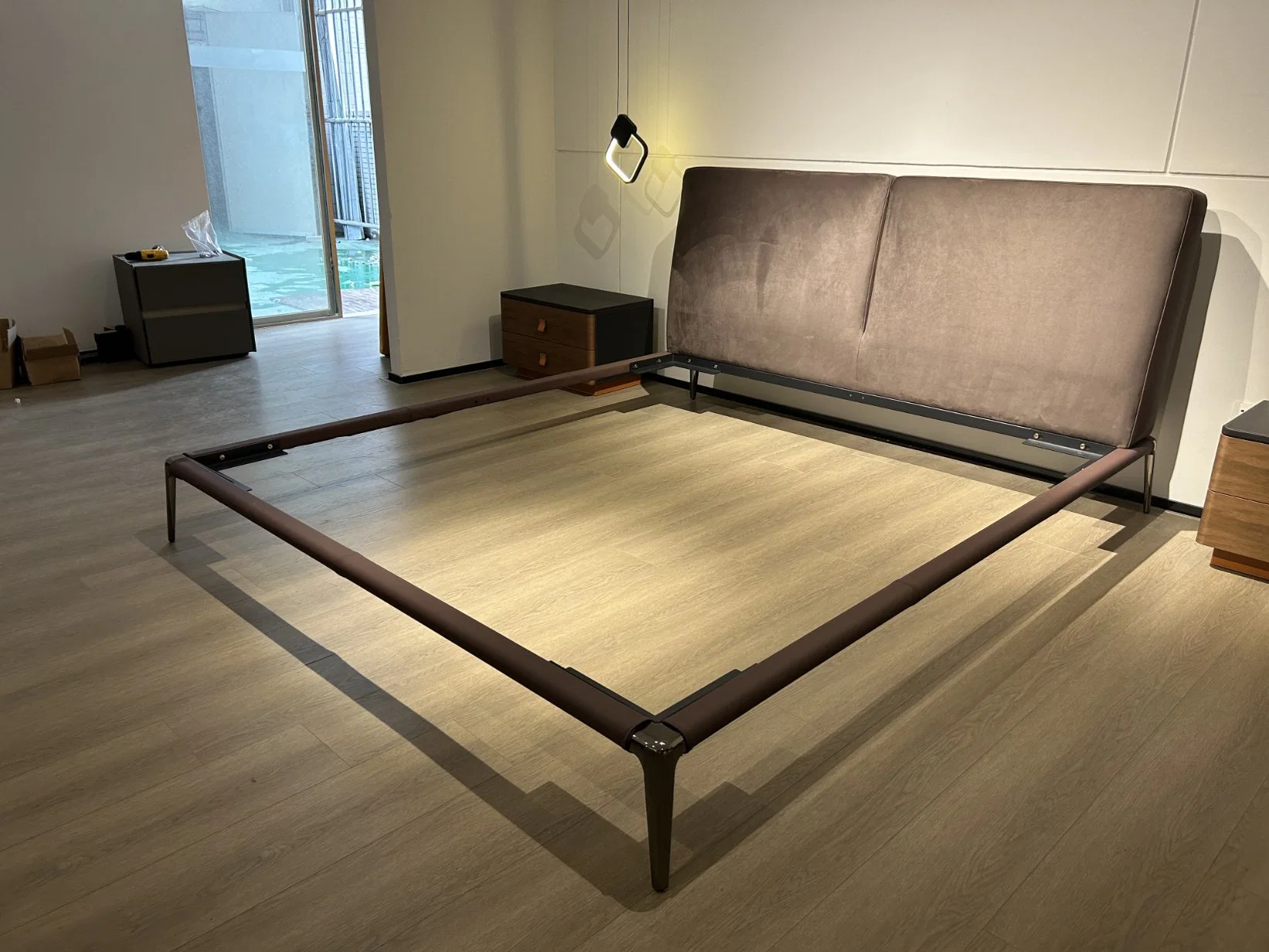 Design europeu Hotel Apartment Villa Tecido cinza de couro natural de cama de casal Pink Mirco cama em pele de fibra