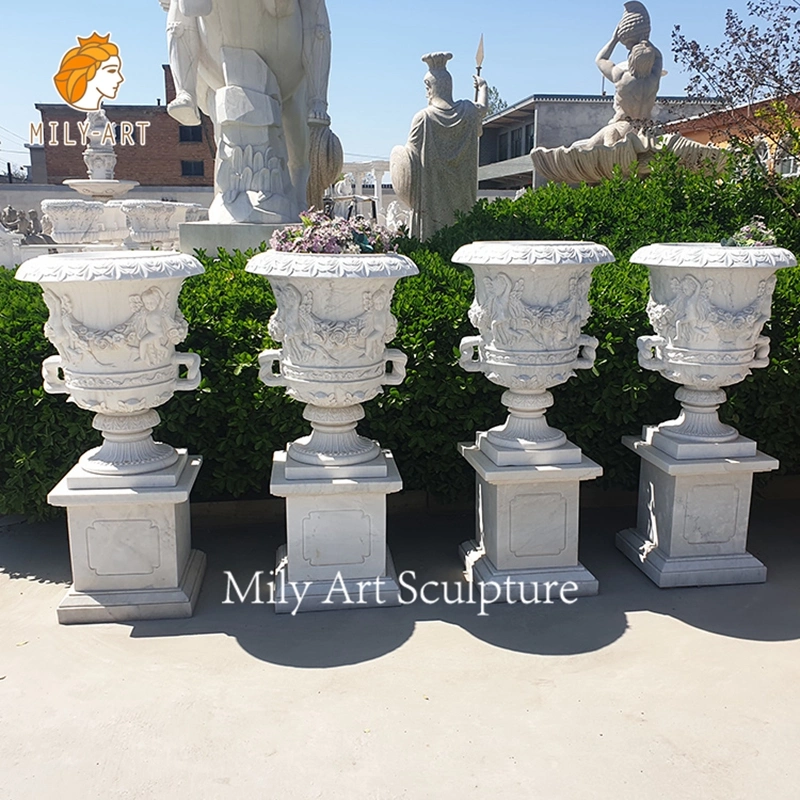 Hand-Carved Outdoor Big Marble Flower Vase Planter Pots with Sculpture