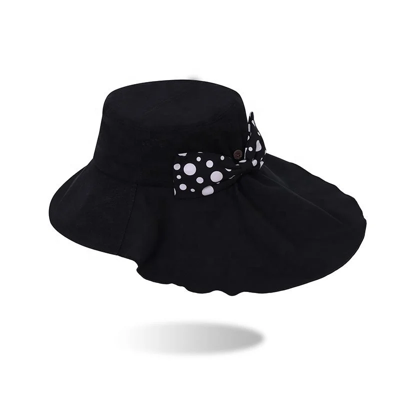 سعر الجملة النساء العروس العريضة السيدة صن هات مع الحبل قبعة الصيف السوداء المحبوكة قبعات الجرافة السوداء