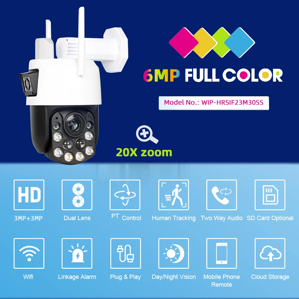 3MP 6MP WiFi Dual Lens Full Color Night Vision Security 20x Zoom Ai Human Tracking Audio PTZ CCTV Video al aire libre Aplicación Cámara Icsee