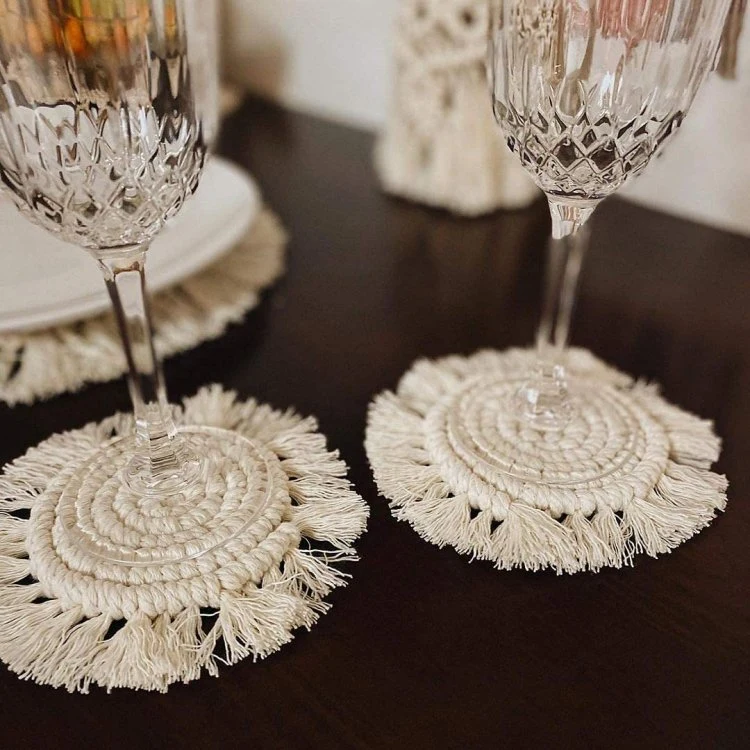 Cotton Thread Weave Coasters Round Drinks Mats with Macrame