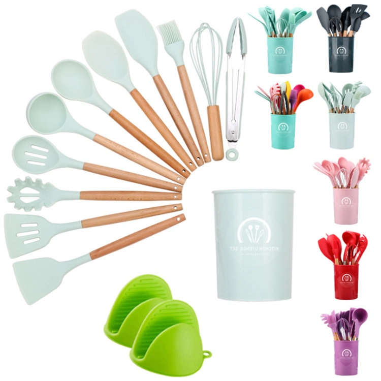 12pcs Ustensiles de cuisson en silicone Non-Stick outil Ustensiles de cuisine en silicone définit avec manche en bois