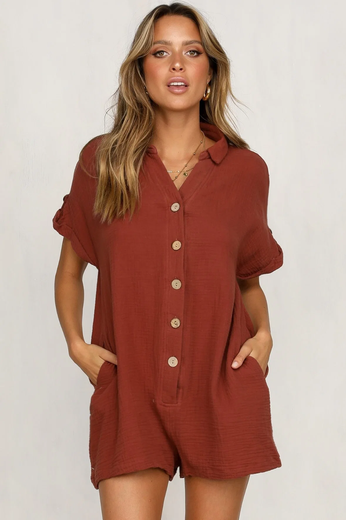 Bouton du manchon de chemise pantalon femmes Vêtements Casual Jumpsuit vêtements de mode