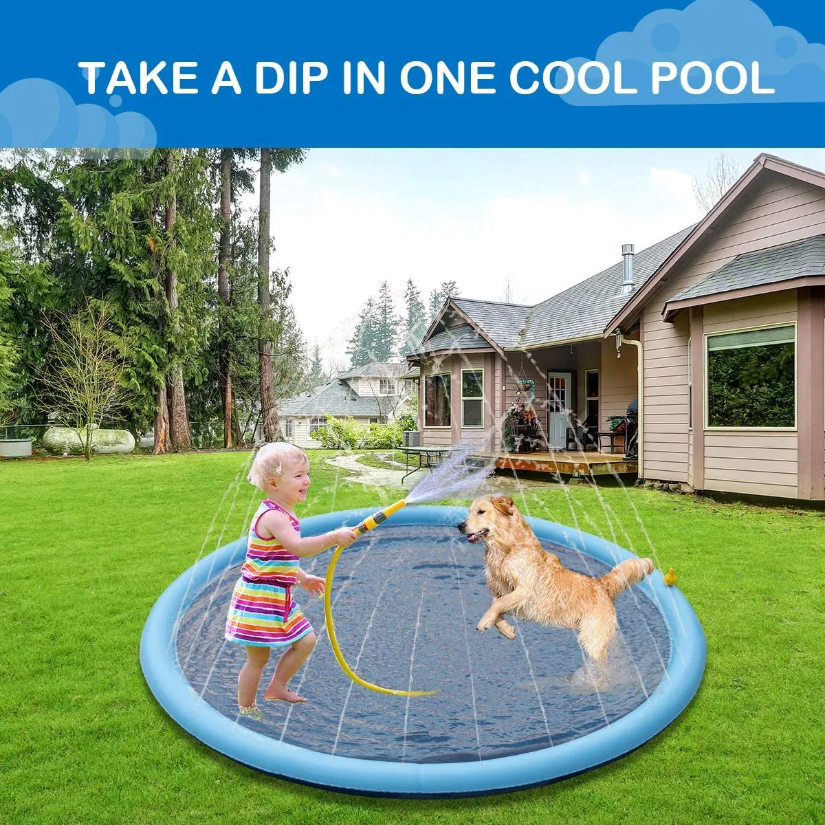 Spritzwasser-Sprinkler-Pad für Hunde - 59" dicken Hunde Haustier-Schwimmbad Badewanne, Sommer-Garten Spielset &amp; Wasserspielzeug, Geschenk für Hunde (59")