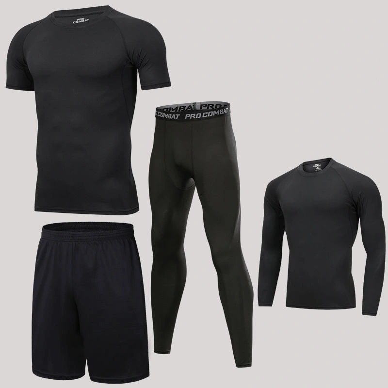 Wholesale Men&prime; S Sports Top T Shirt and Shorts Fitness Pants 4 Pieces Set Quick Dry Tights Breathable Sweat Absorbing Training Tracksuit