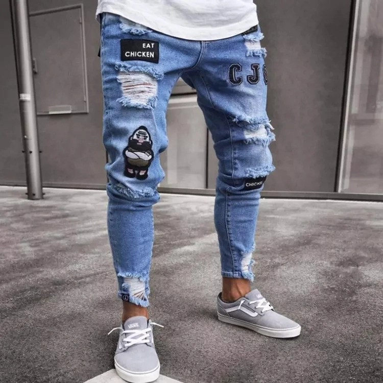 Nuevo estilo de los hombres angustiados destruido el distintivo de los pantalones Skinny Jeans ciclista de parches de arte