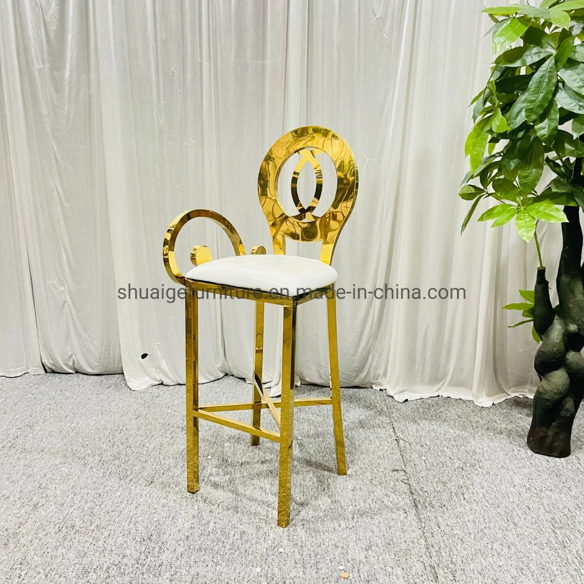 Round Back Bar Chairs Gold Stainless Steel with Arms and PU Cushion