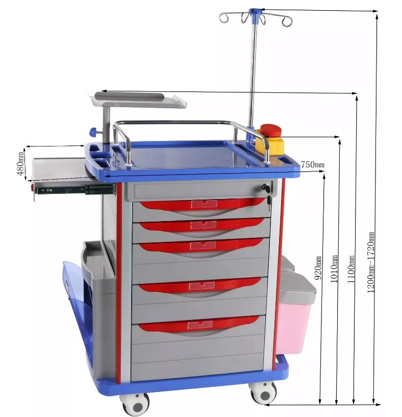 Hospital Procedure Portable Drugs ABS Plastic ICU CPR Medical Crash Cart Medical Emergency Trolley