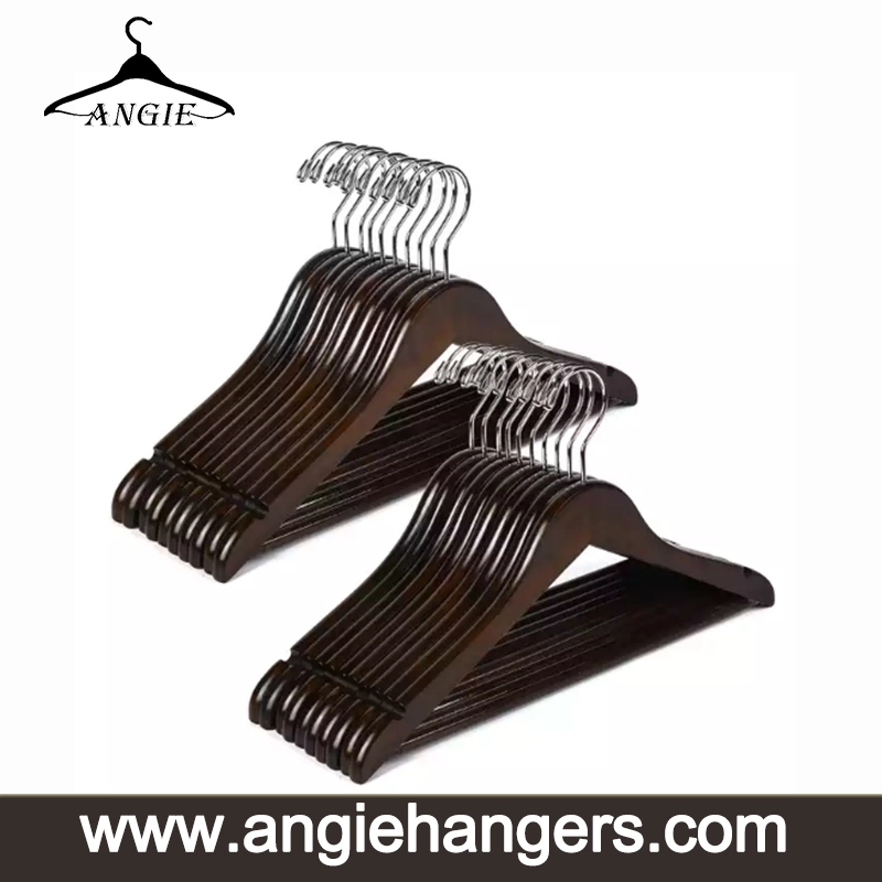 Dark Brown Hotel Amazon Ebay Supermarket Wooden Top Female Clothes Hangers with Metal Hook for Suit/Coat/Shirt