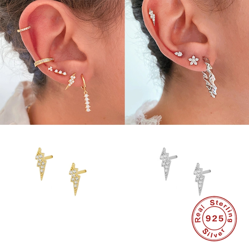 925 Sterling Silver Lighting Flash Shape with White CZ Stud Earring for Women